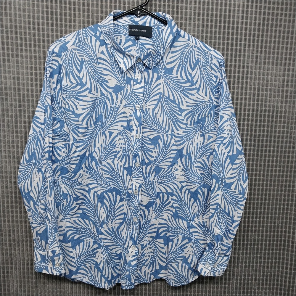 French Curve Womens Button Down Shirt Tropical Leaf Print Large Blue White